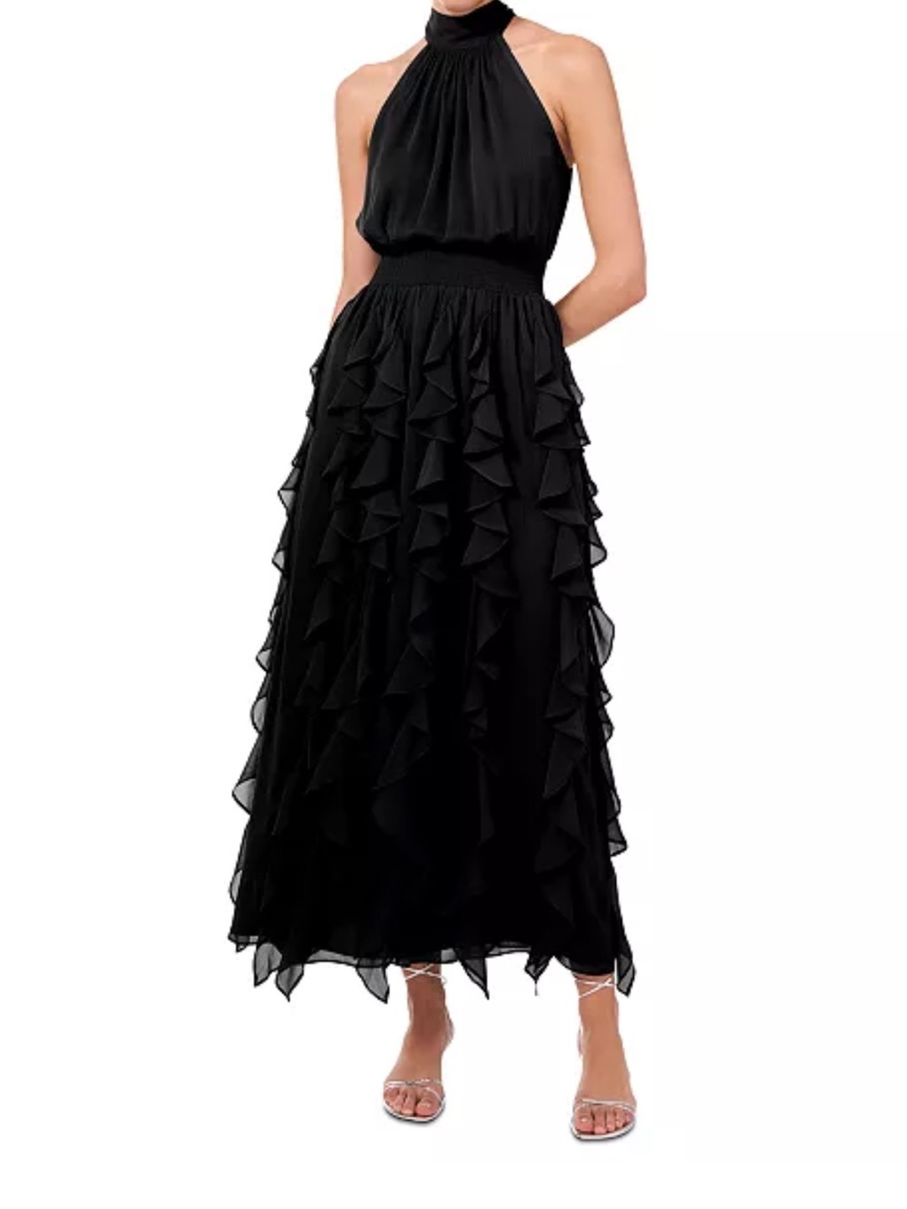 1. STATE Women's Smocked Cascade-Ruffle Halter Maxi Dress